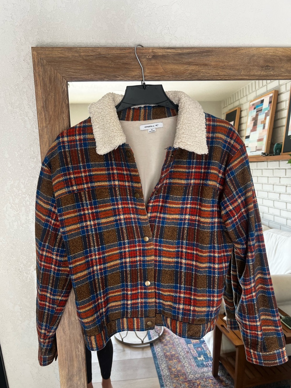 Plaid Sherpa-Collar Jacket - Brown/Red/Blue